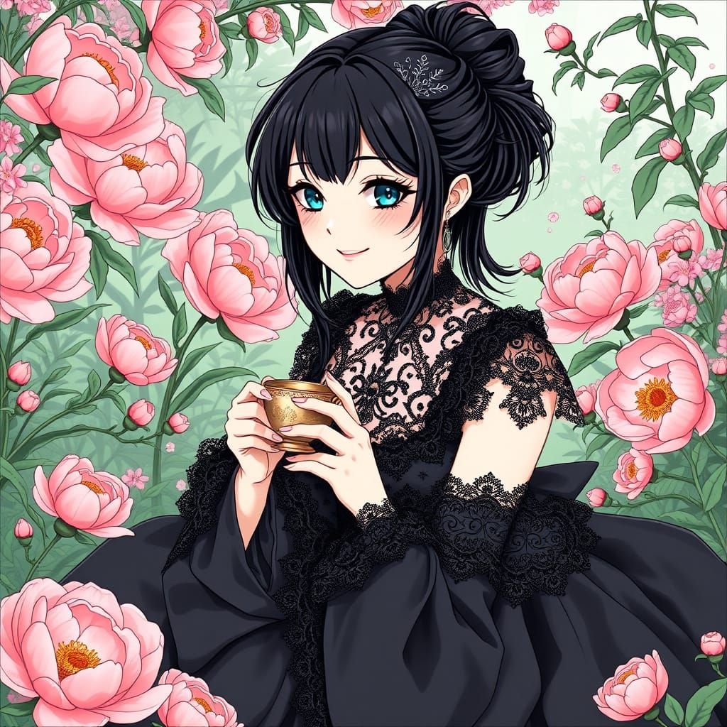 Gothic Anime Goddess Sips Tea in Lush Garden