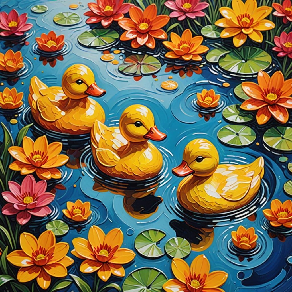 Rubber Ducks in Vibrant Floral Bath Scene, Neo-Impressionist...
