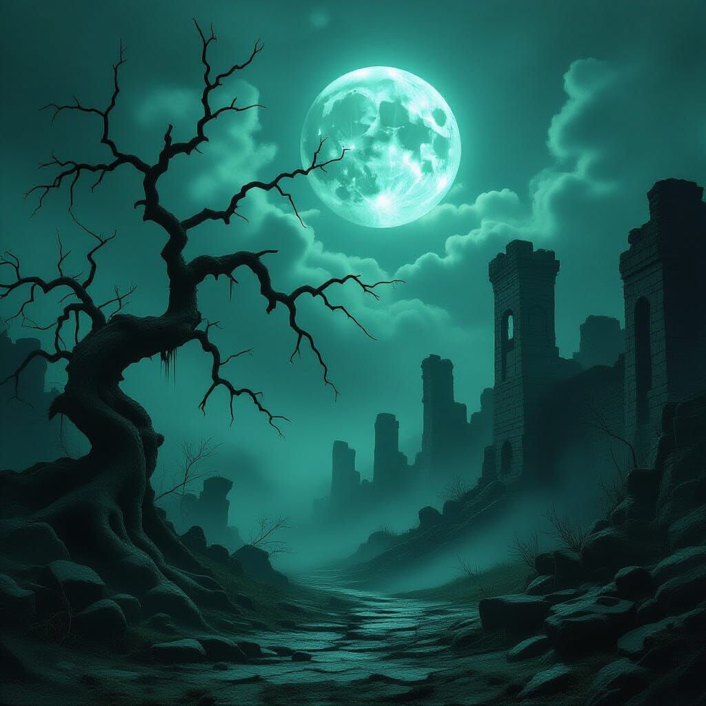 Surreal Dark Landscape with Eerie Moonlit Ruins