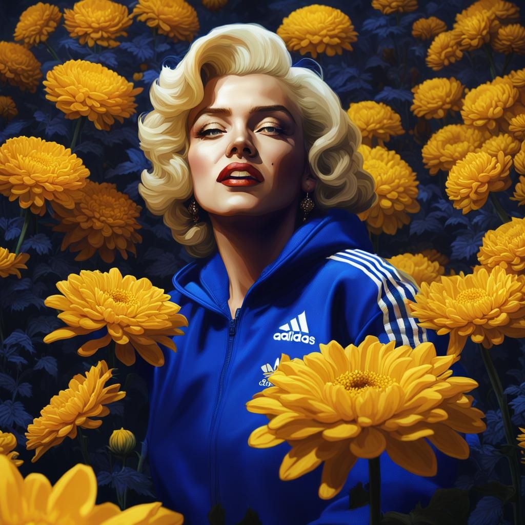 Marilyn Monroe in Tracksuit with Chrysanthemums