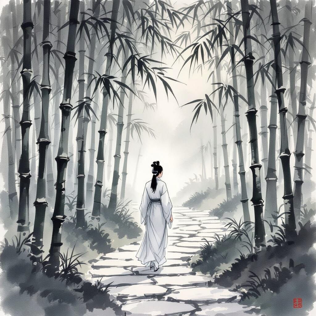 Serene Woman in Bamboo Forest: Chinese Ink Painting