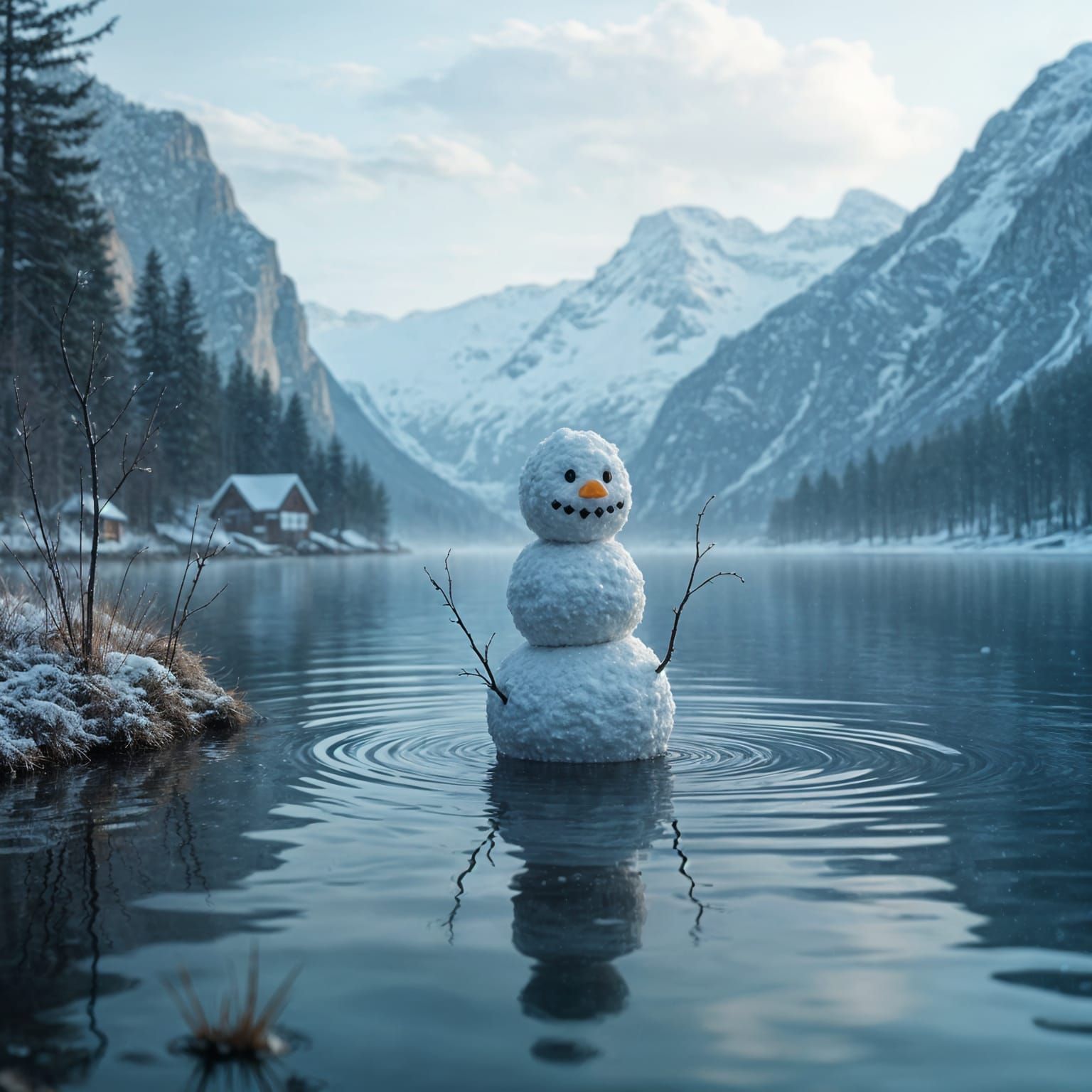 Serene Snowman in a Majestic Lagune Landscape