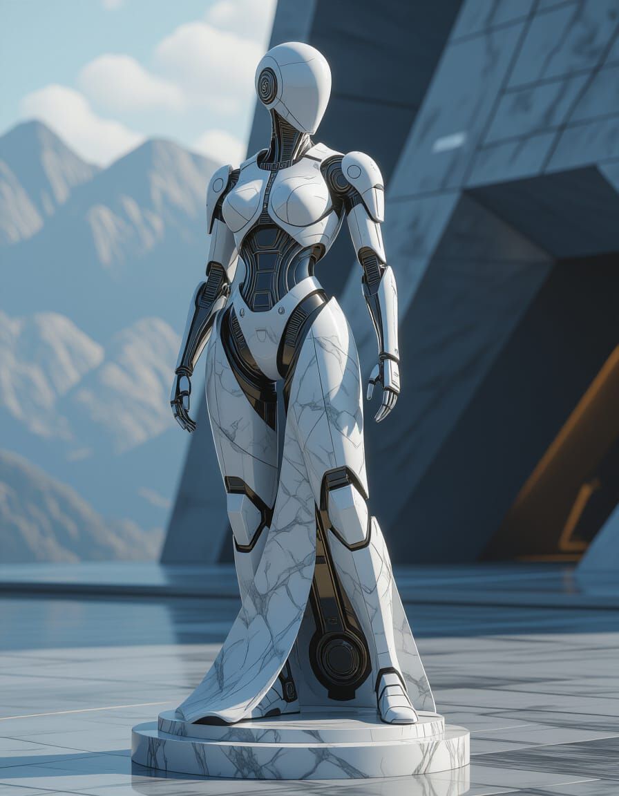 Futuristic Marble Statue with Intricate Mech Details