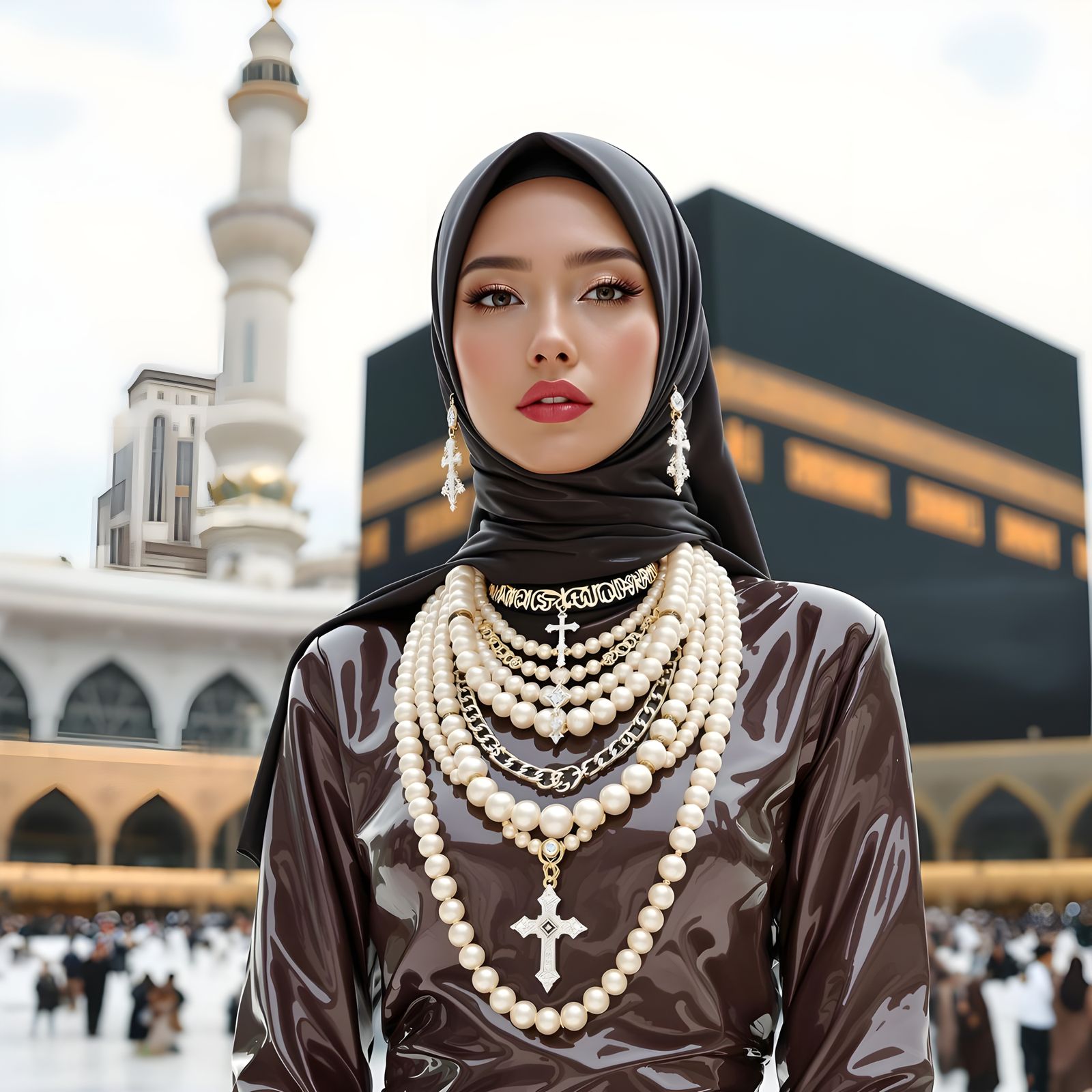 Woman in Hijab at Ka'bah, Elegant Minimalist Style