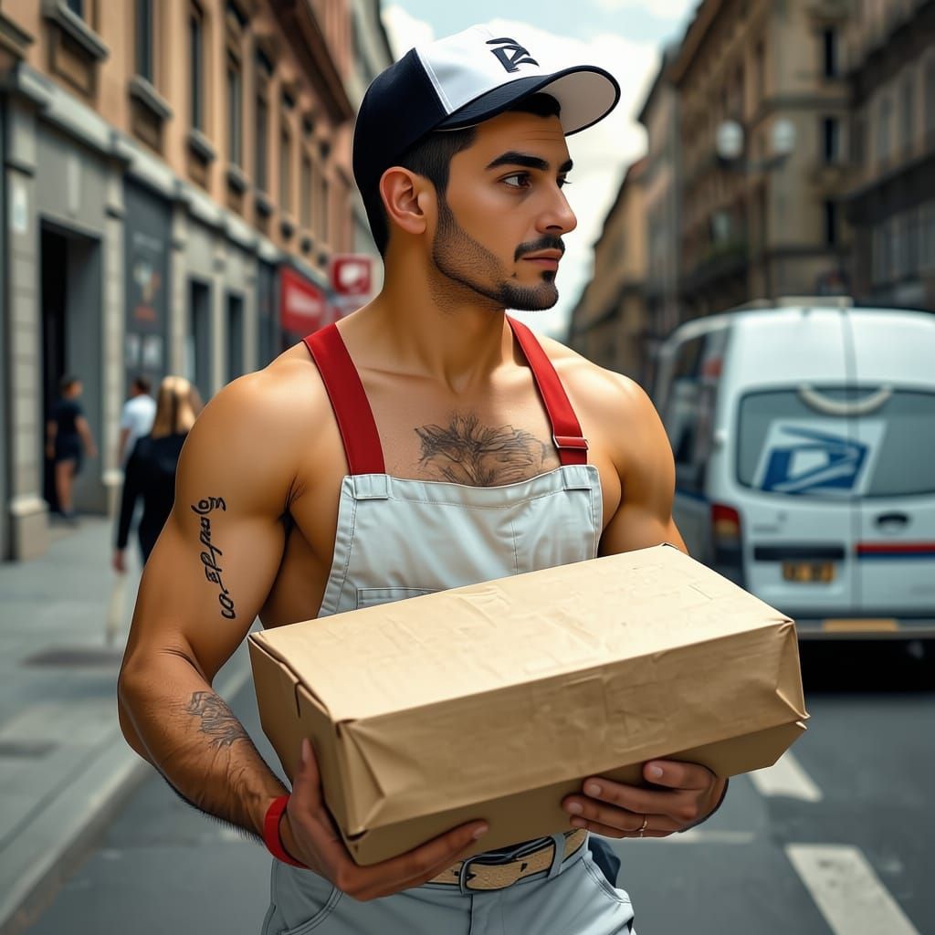 Hyperrealistic Italian Courier with Postal Package