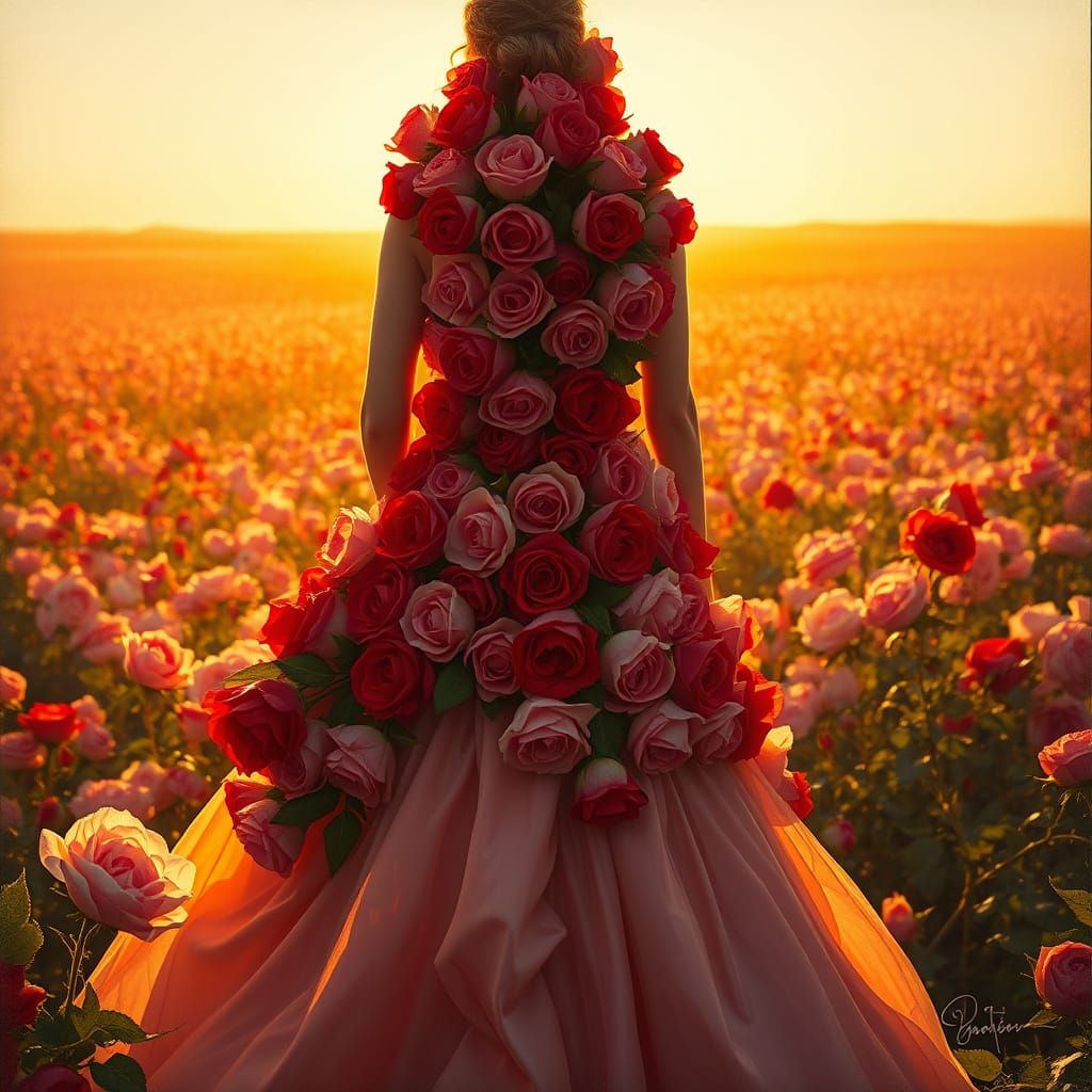 Woman in Rose Gown in Sunlit Rose Field Oil Painting