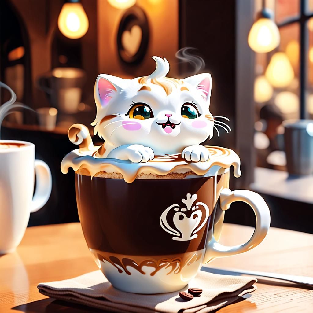 Cute Cat Ghosts in Coffee Latte, Disney Style