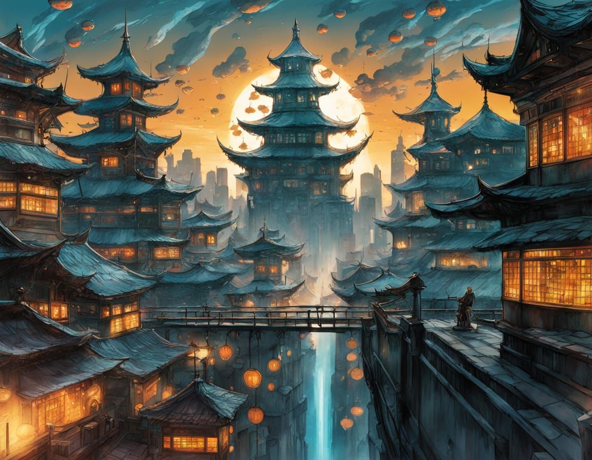 Utopian Cityscape and Dystopian Realm in Airbrush Style