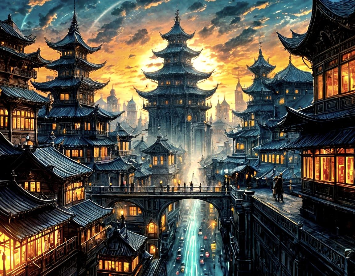 Utopian Cityscape Mural in Airbrush Style