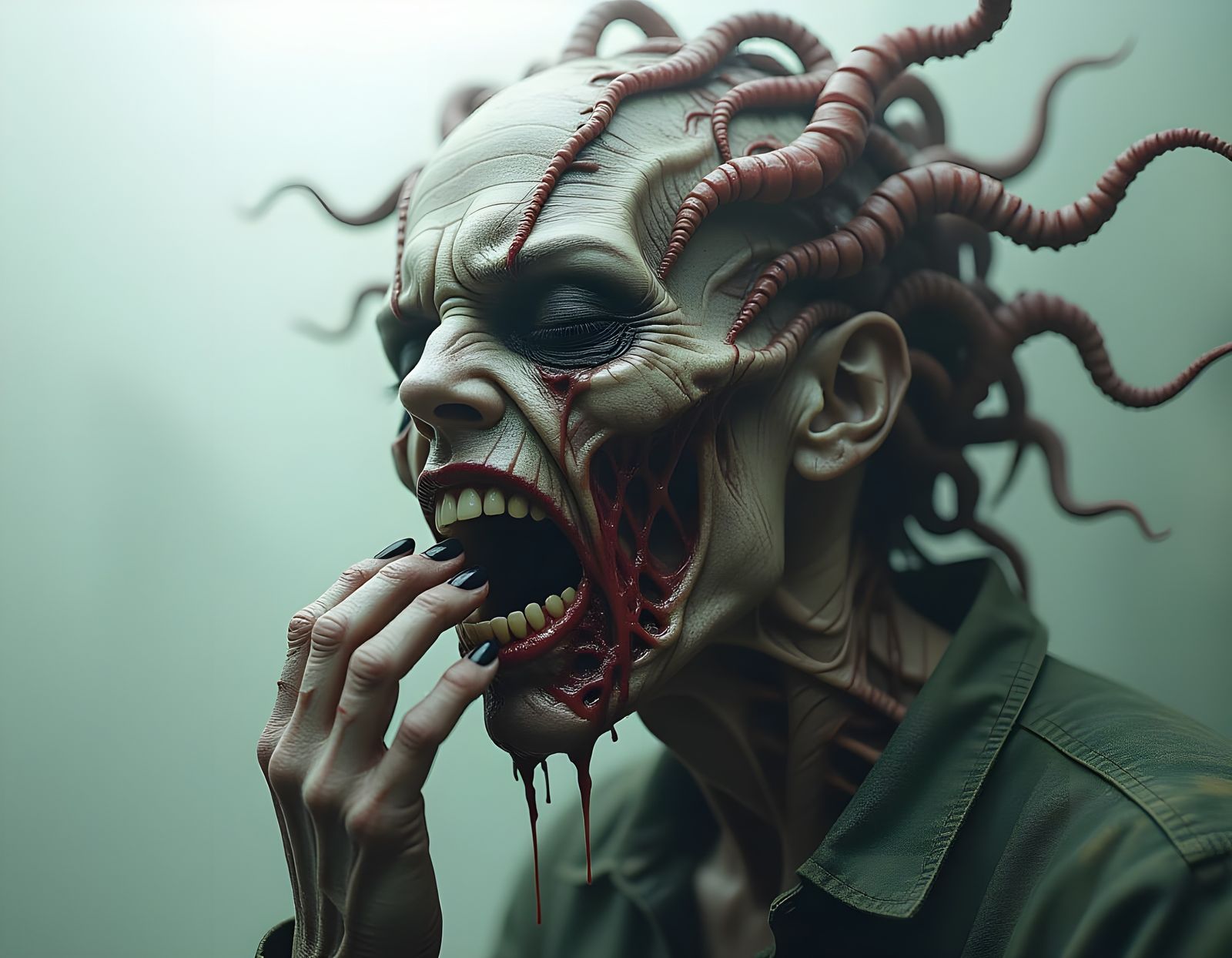 Disturbing Self-Devouring Face in Glitch Art Style