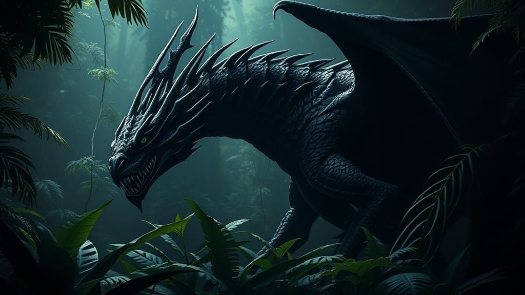 Dark Fantasy Dragon in Lush Jungle