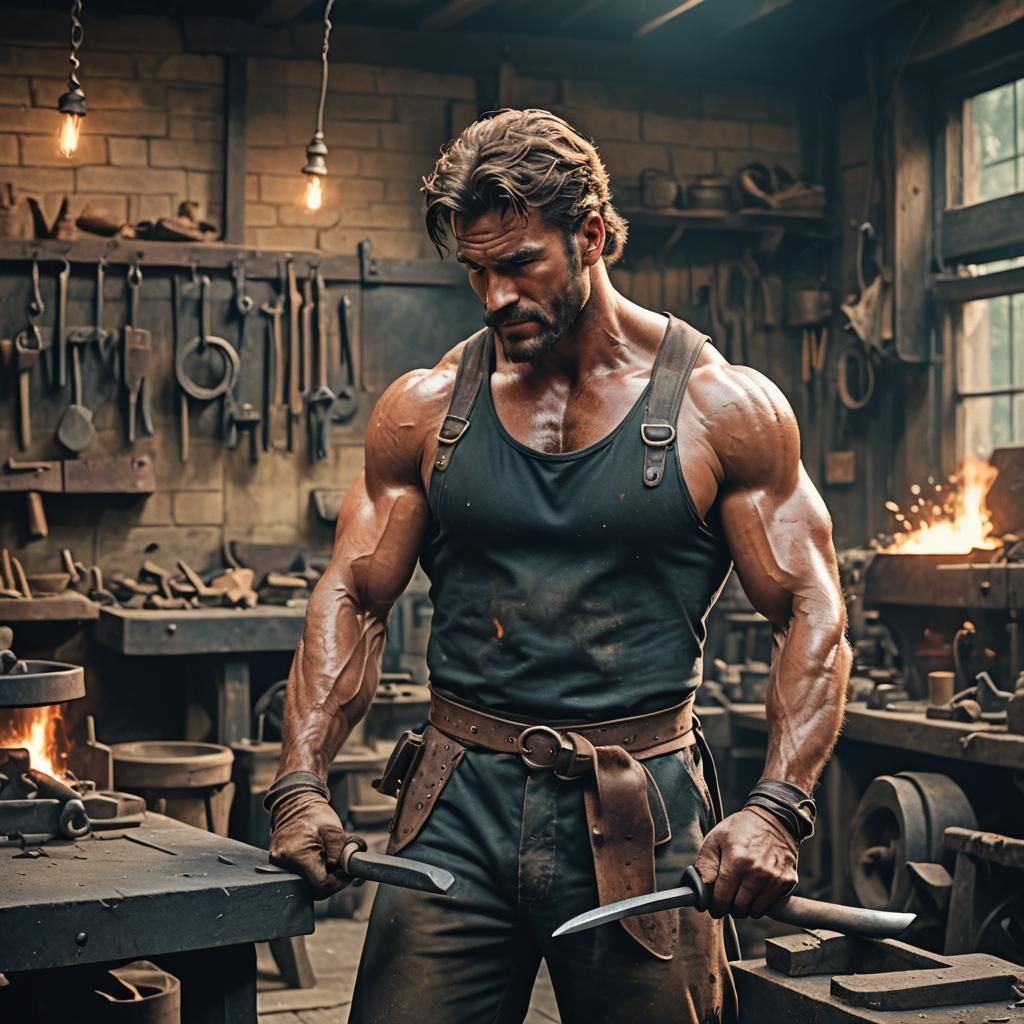 Cinematic Muscular Blacksmith Film Still