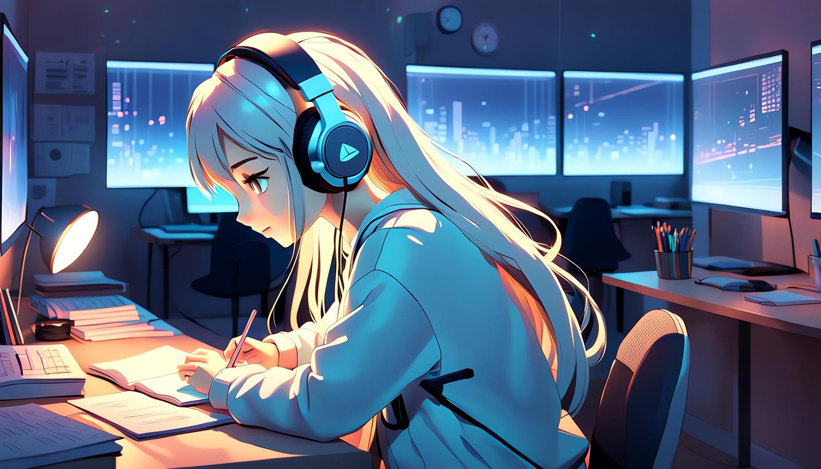 Anime Style: Girl Studying at Night in Quiet Room