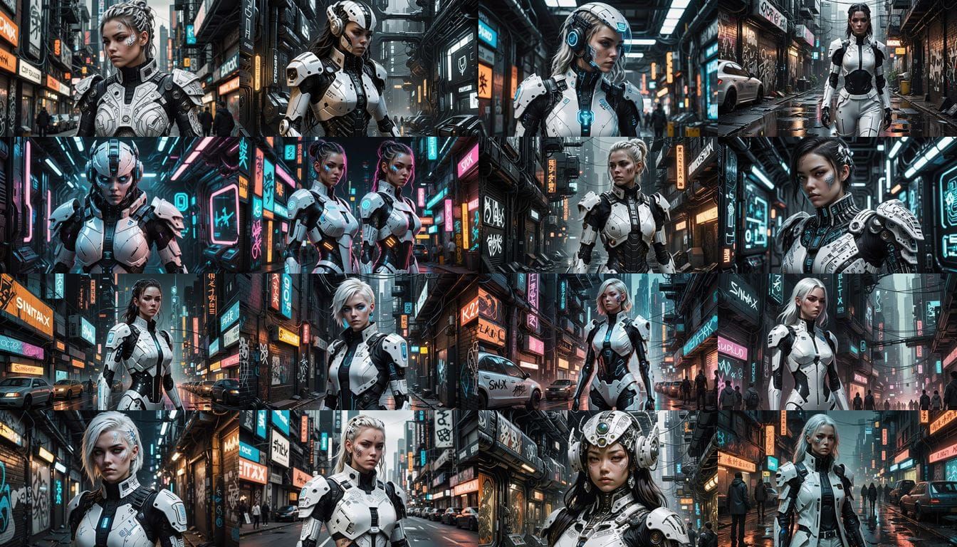 Cyberpunk Woman in Shimmering White Armor with Cybernetic Up...