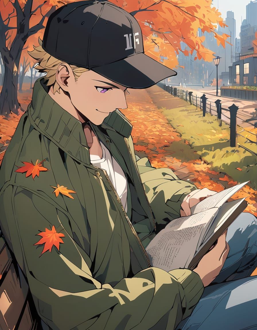 Bishounen Youth Reads Under Autumn Sky