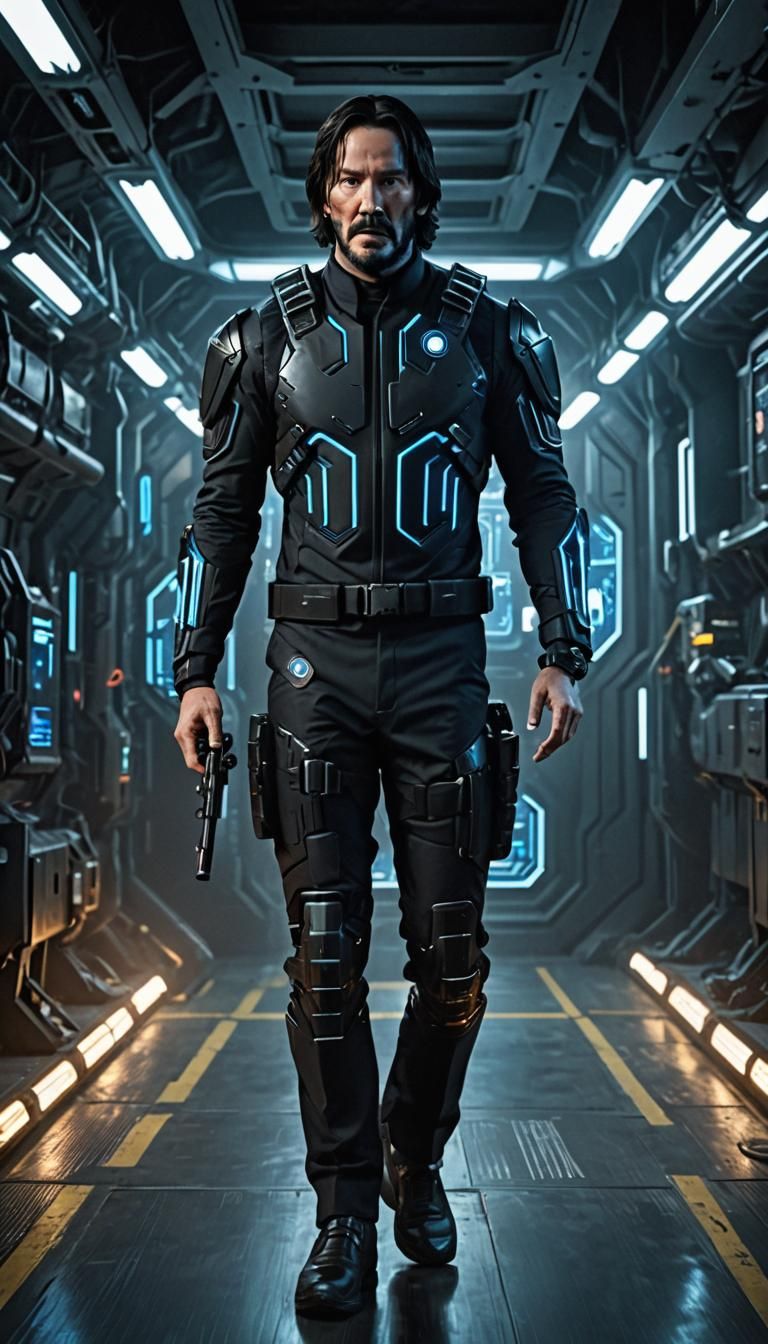 John Wick in Futuristic Exosuit, Sci-Fi Cargo Bay