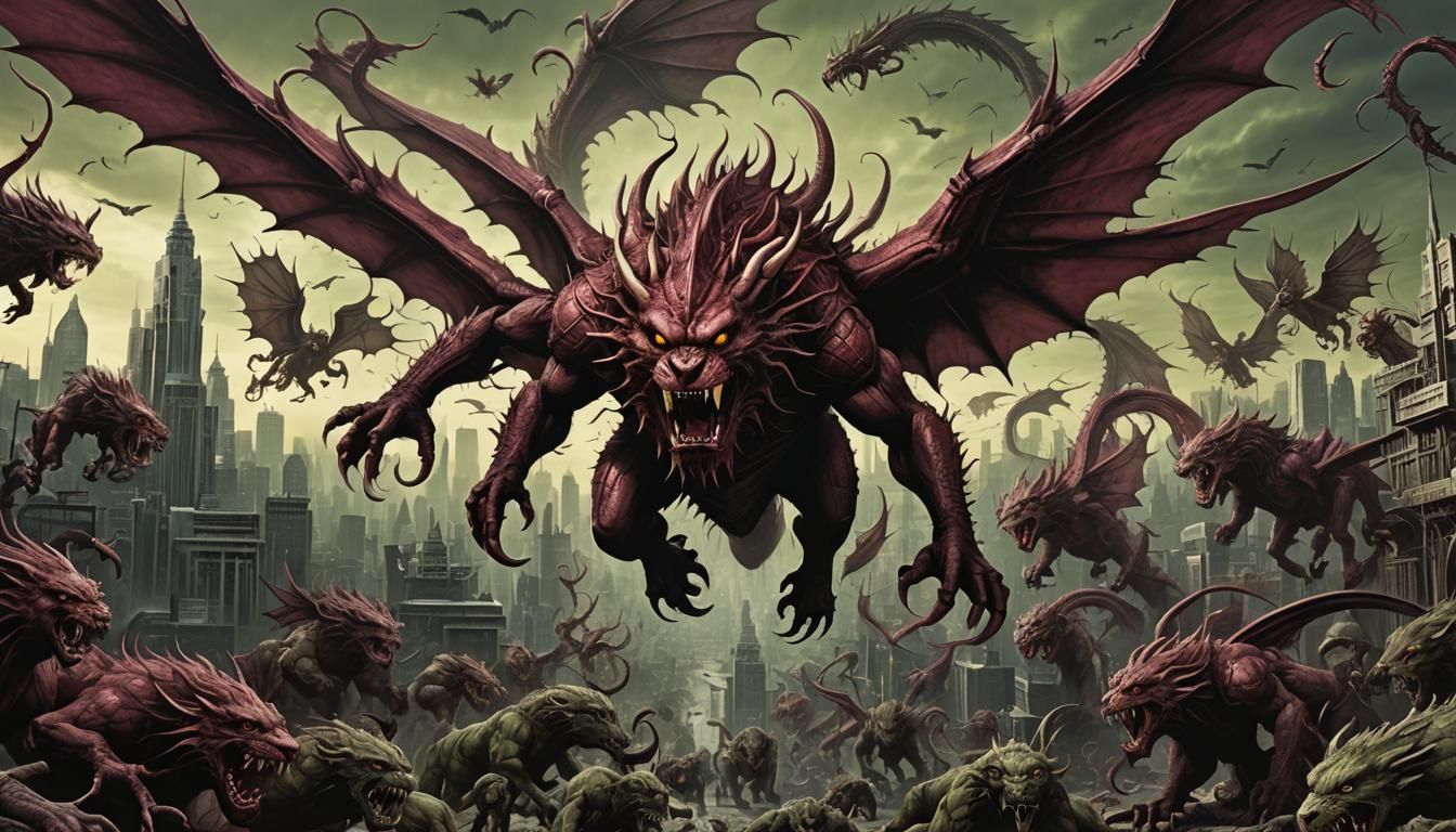 Monstrous Manticore Horde Over Frozen Tokyo in Giger Style