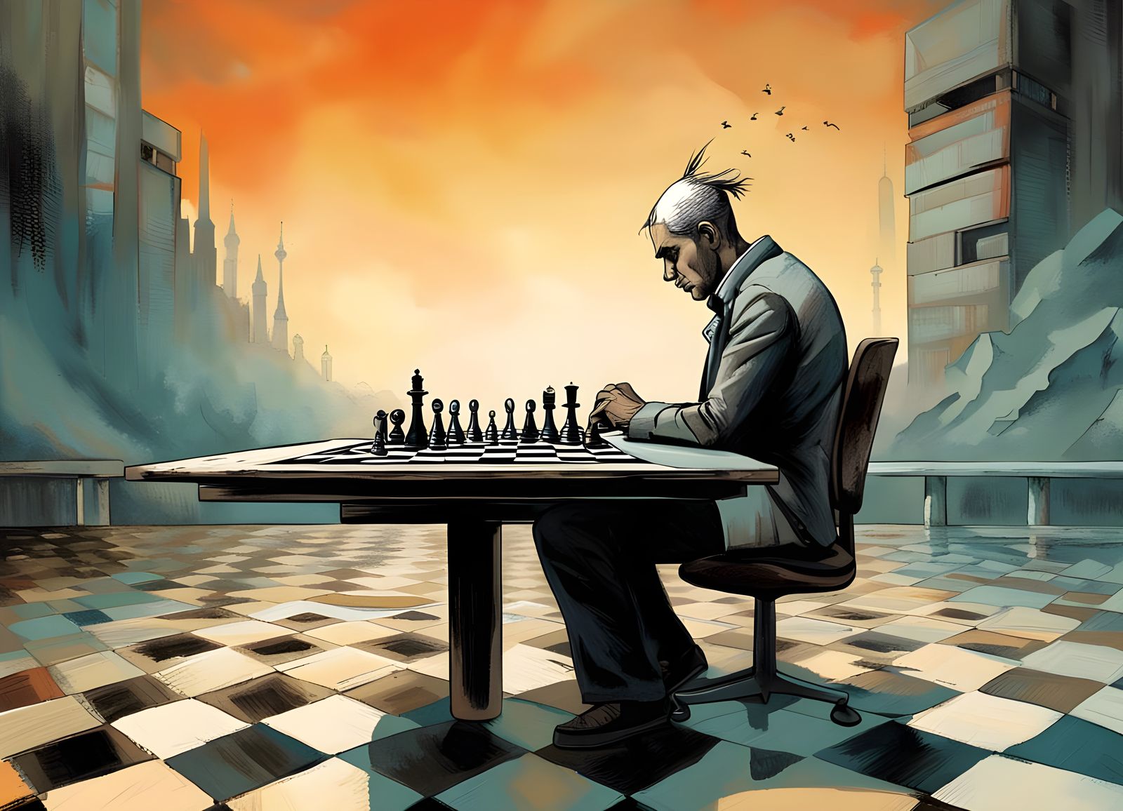 Chess Player in Enki Bilal Retro Style