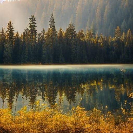Lake in Forest with Sunrays: Serene Landscape Painting