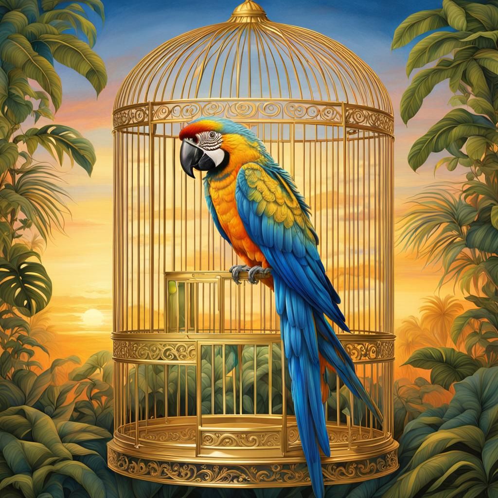 Macaw in Golden Cage at Sunset, Wildlife Illustration
