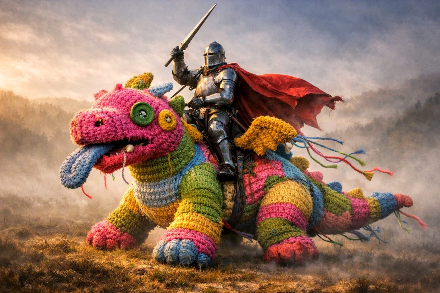 Knight Rides Absurd Crochet Dragon in Foggy Landscape