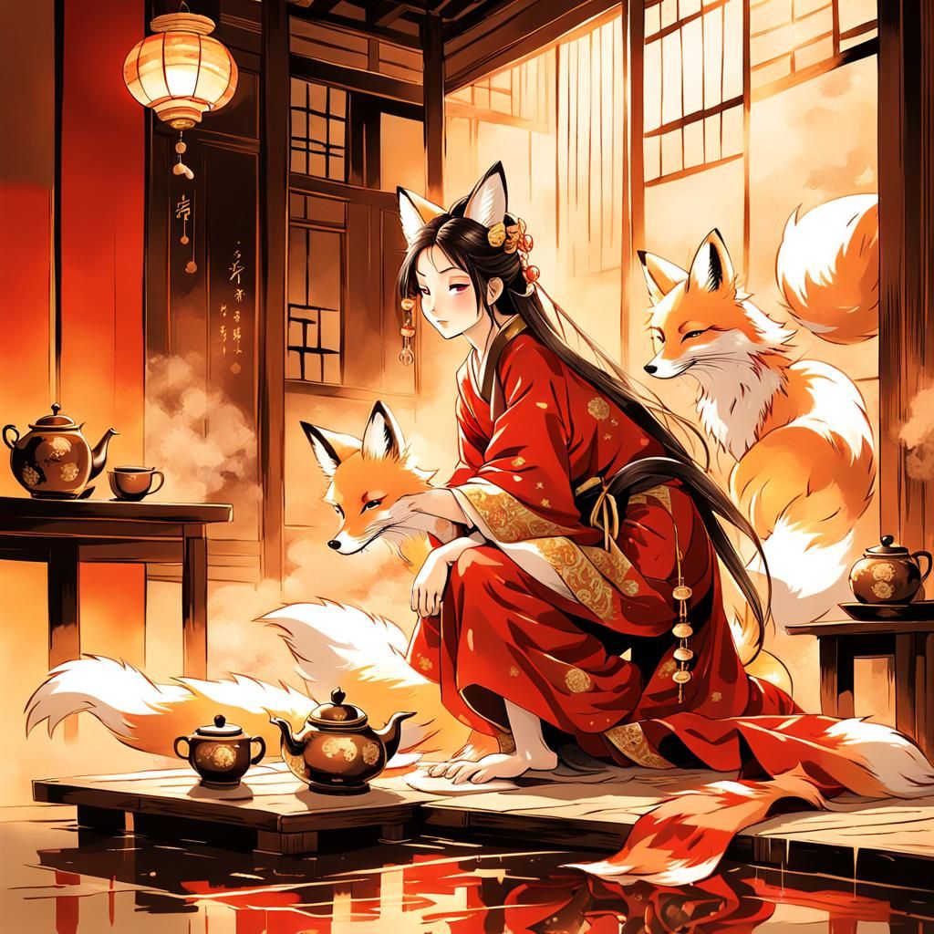 Anime Kitsune: Woman Prepares Tea in Sumi-e Style
