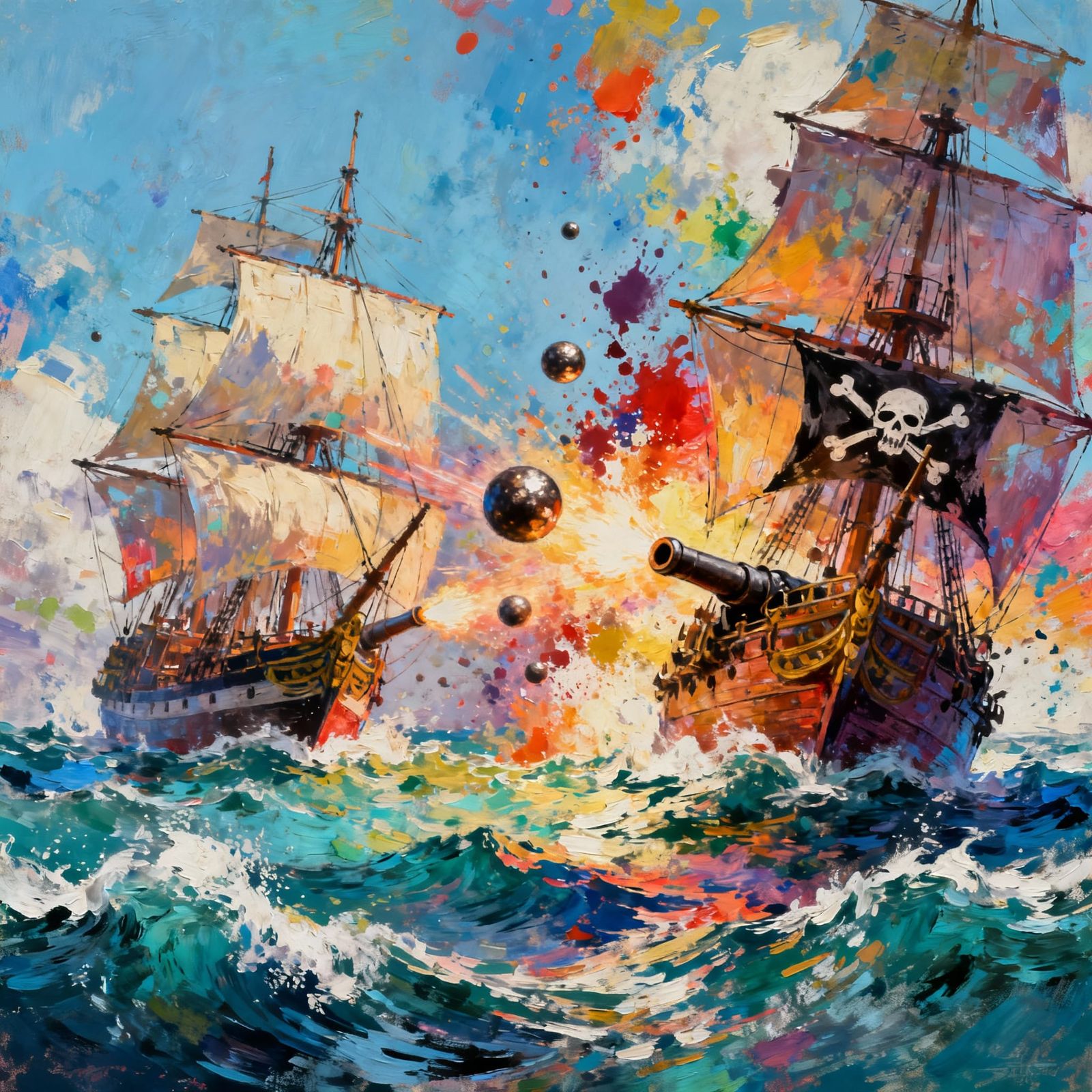 Impressionist Ocean Battle in Comic Digital Style