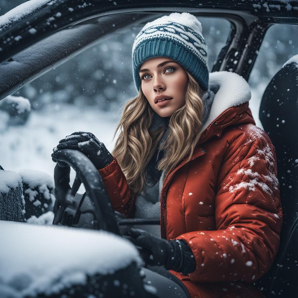 Snowy Car Portrait of Woman in Grunge Style