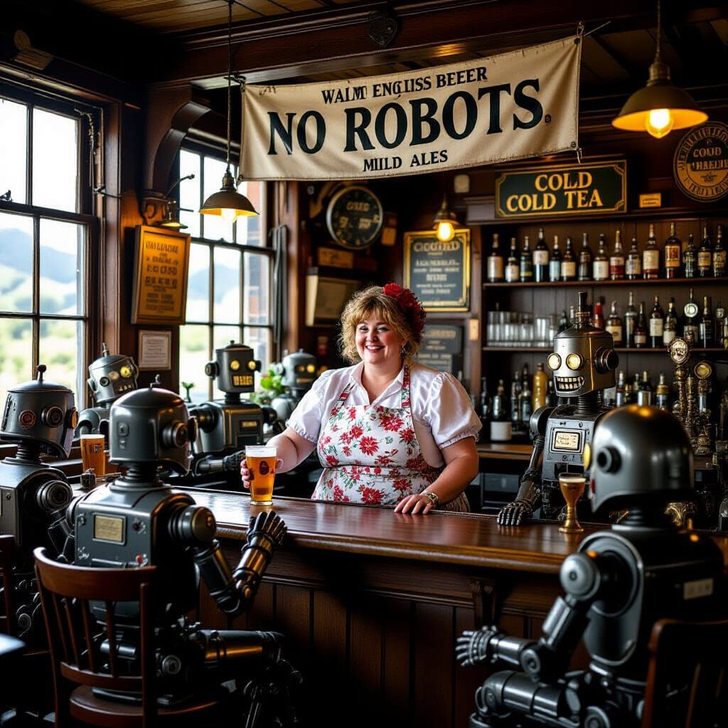 Steampunk Robots in a Falklands Pub Scene
