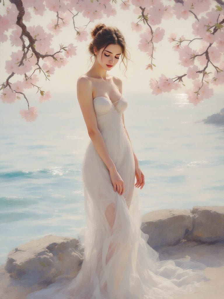 Woman in Serene Coastal Landscape, Whistler-Redon Style