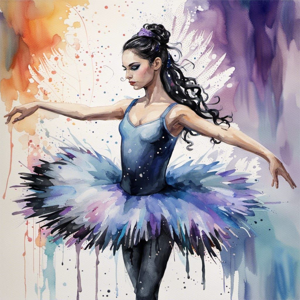Teen Ballerina as Black Swan in Watercolor