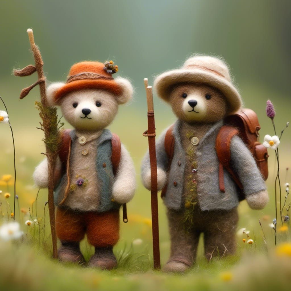 Teddy Bear Family Hike in Needle Felted Style