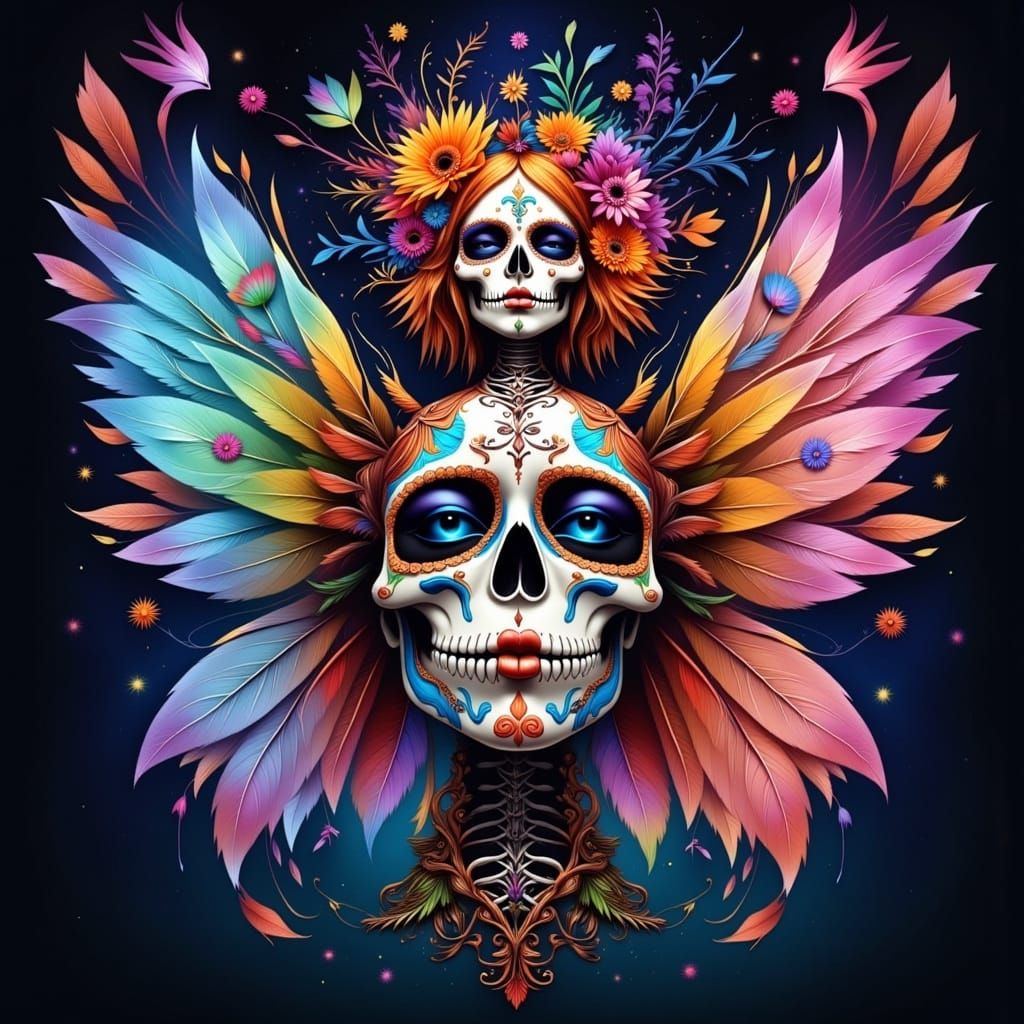 Tattooed Sugar Skull Fairy in Painterly Style