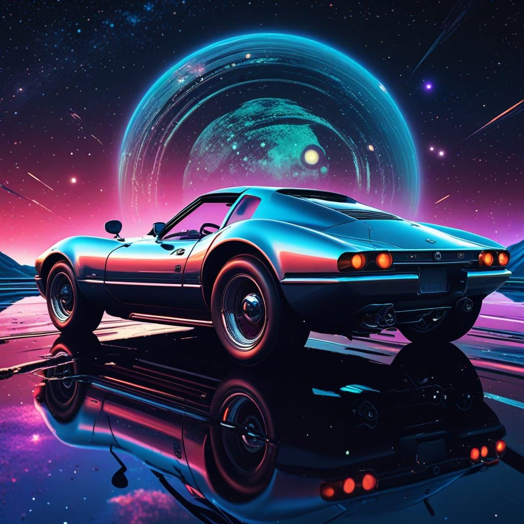 Vintage Car Race on Saturn Rings in Space