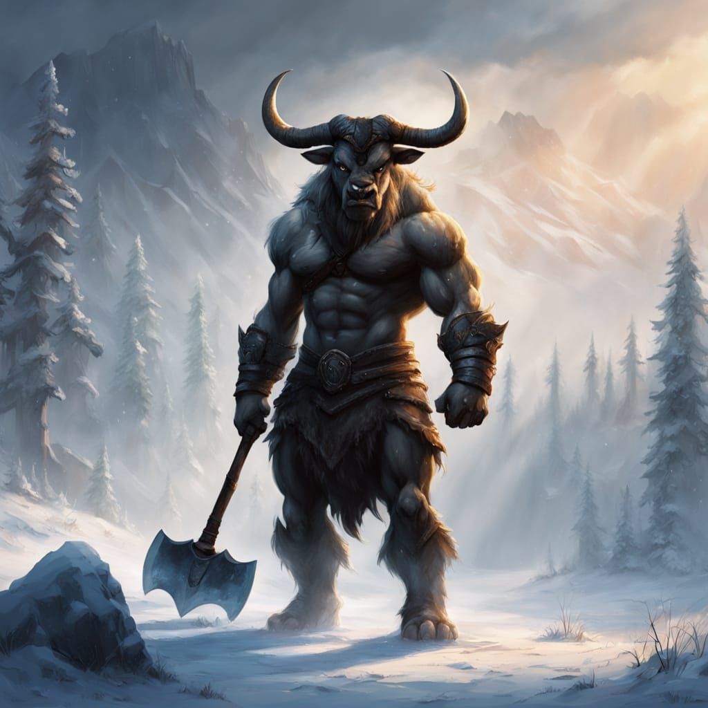 Majestic Minotaur in Frosty Landscape