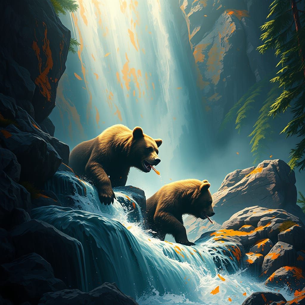 Grizzly Bear Salmon Catch: Dynamic Lighting Splash Art