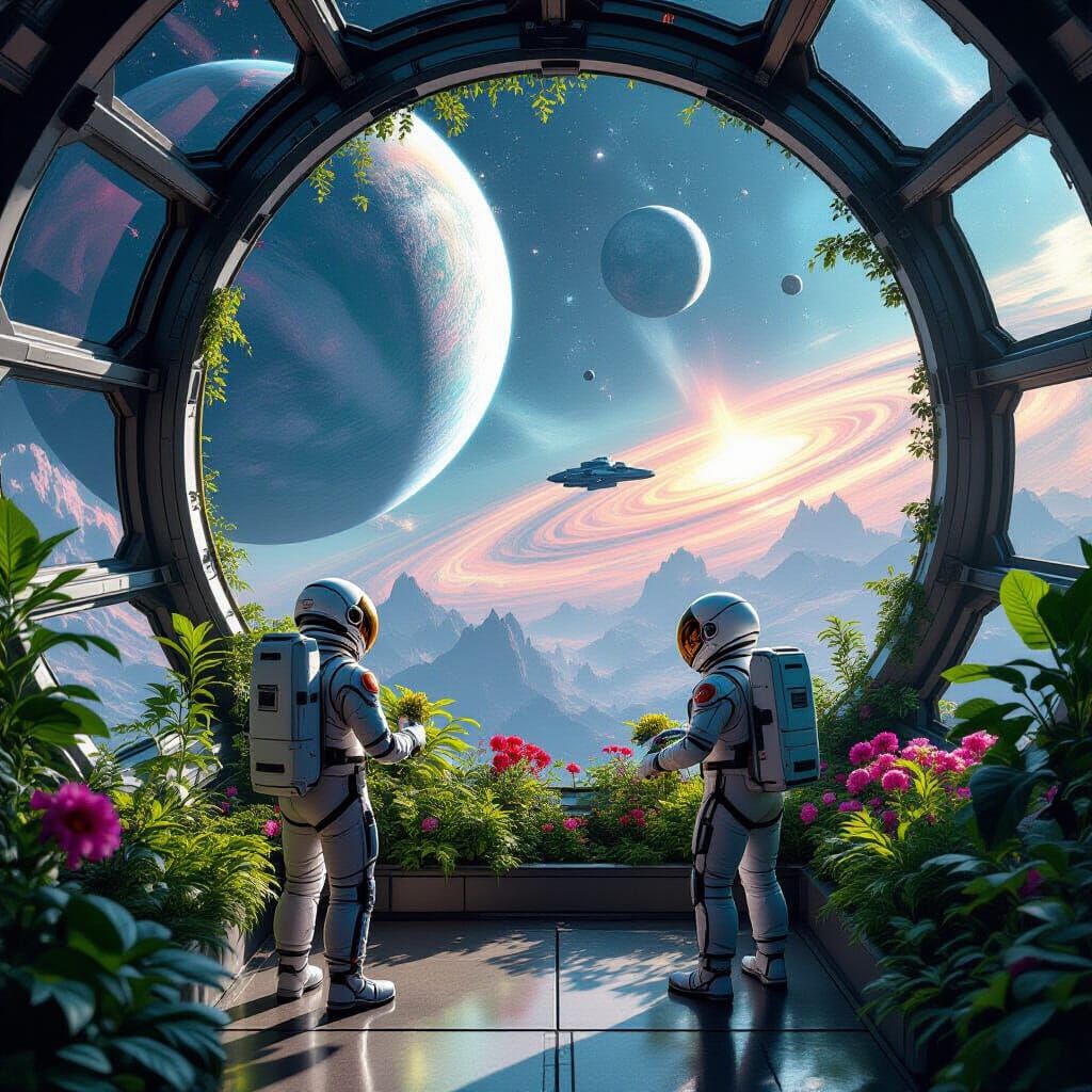 Futuristic Space Station Greenhouse with Planetary View