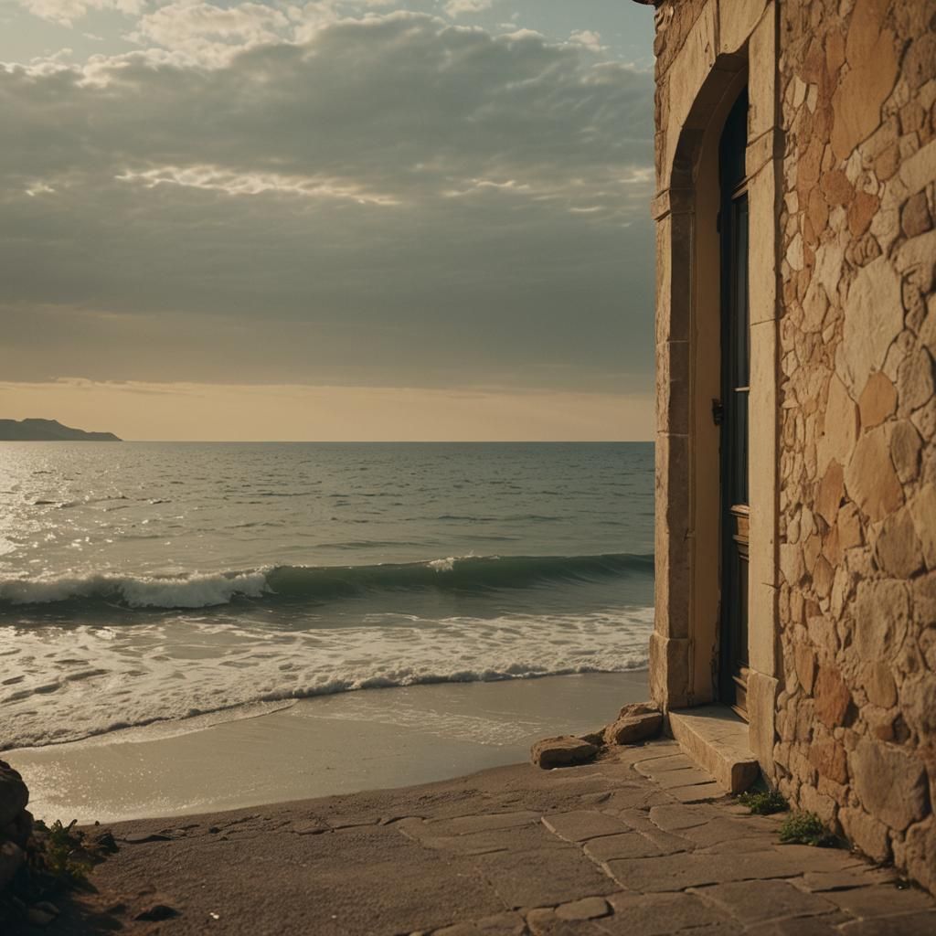 Open Doorway to the Sea in Film Grain Style