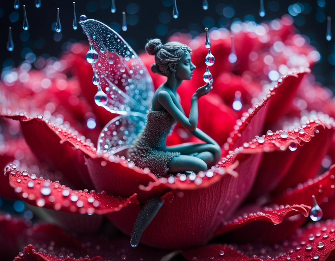 Dewdrop Fairy on Bioluminescent Rose: Surreal Oil Painting