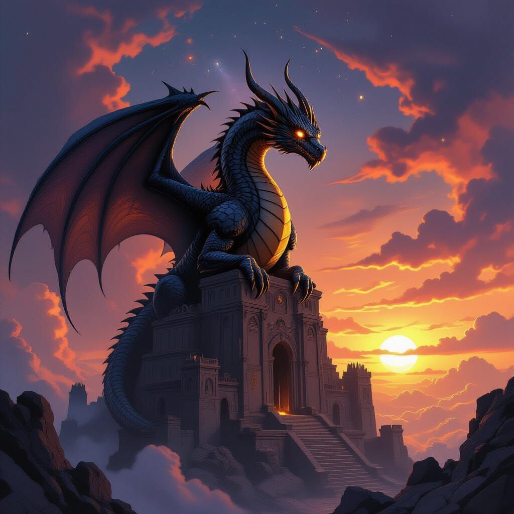 Ancient Dragon on Alien Citadel Under Binary Sunset