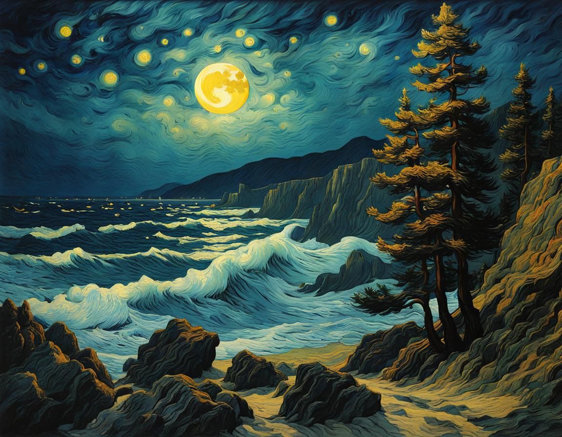 Starry Night Gothic Seascape in Van Gogh Style
