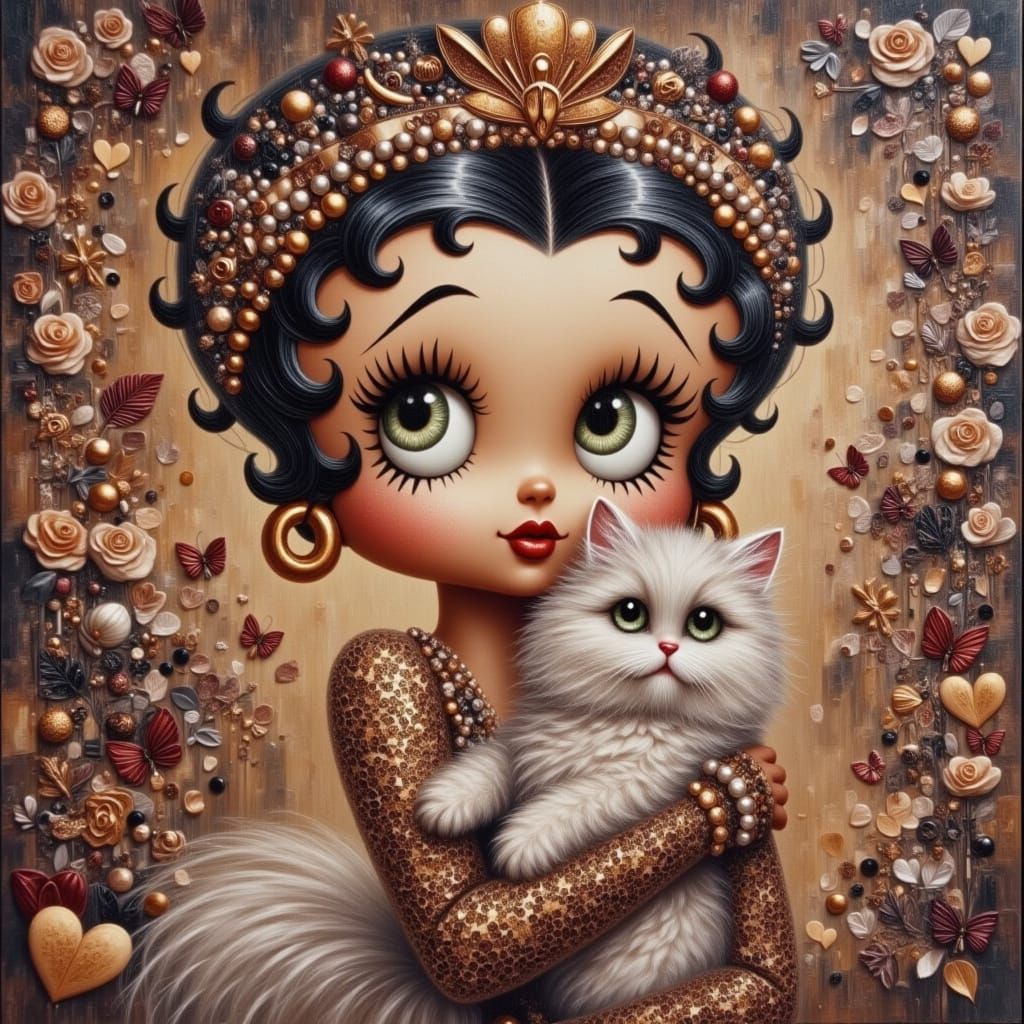 Betty Boop with Cat in Golden, Mystical Style