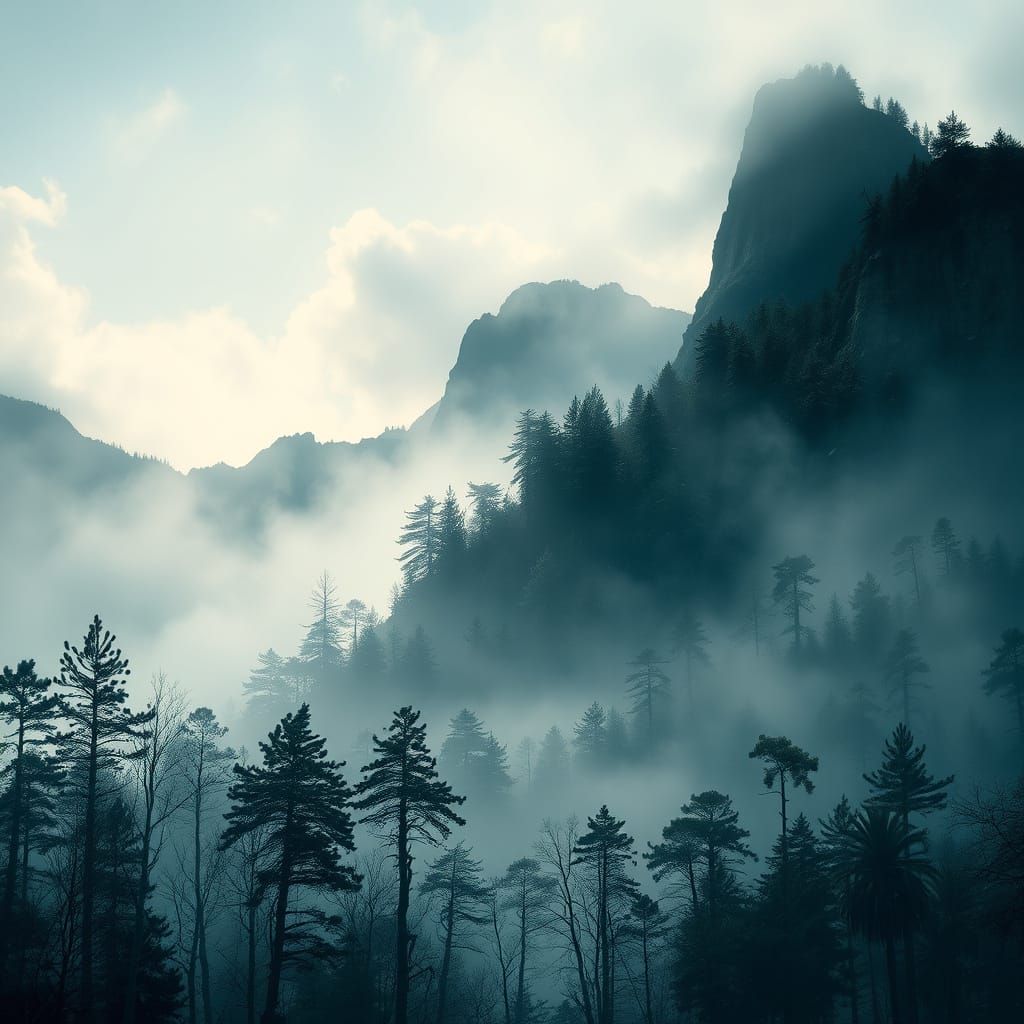 Misty Mountains Double Exposure Nature Concept Art