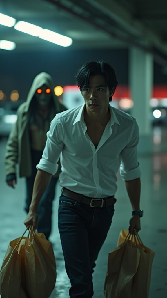 Asian Man in Dark Parking Lot with Ominous Figure