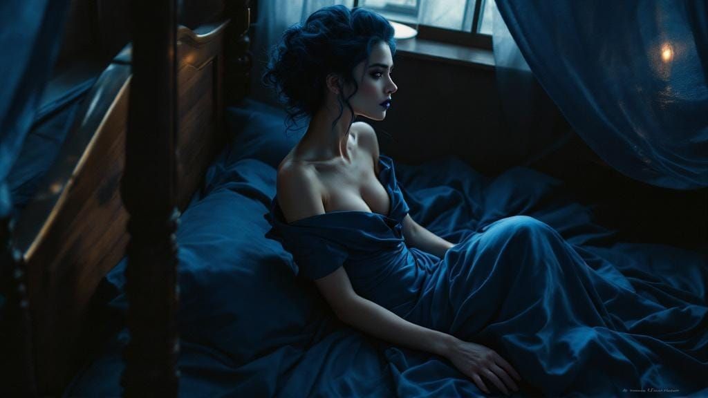 Poised Woman in Blue: Moody Realism Portrait