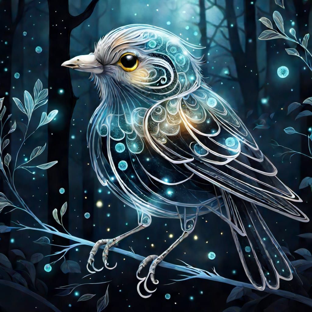 "Create a digital artwork of a transparent bird with delicate, intricate details. The bird should have a graceful and et...