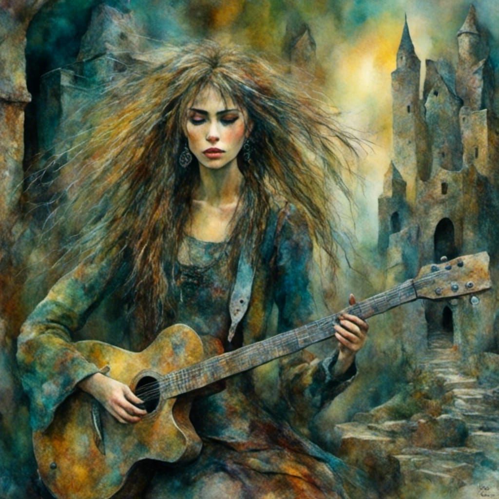 Goth Girl Shreds Guitar in Tsunami, Oil Painting