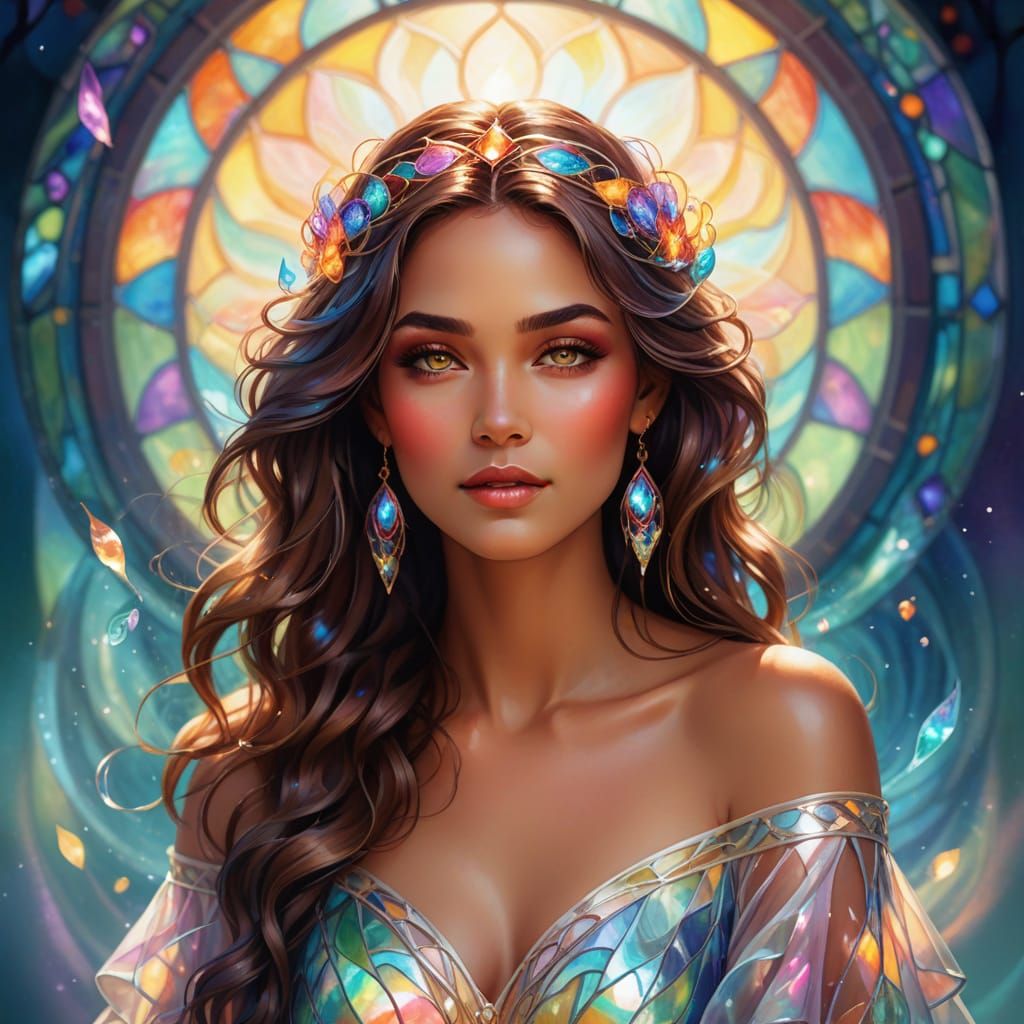 Graceful Goddess Fantasy Portrait in Stained Glass Art Style