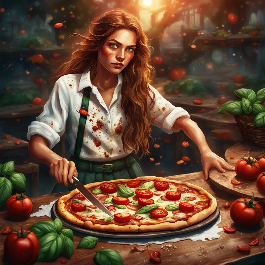 Woman Slicing Pizza: Detailed Fantasy Concept Art