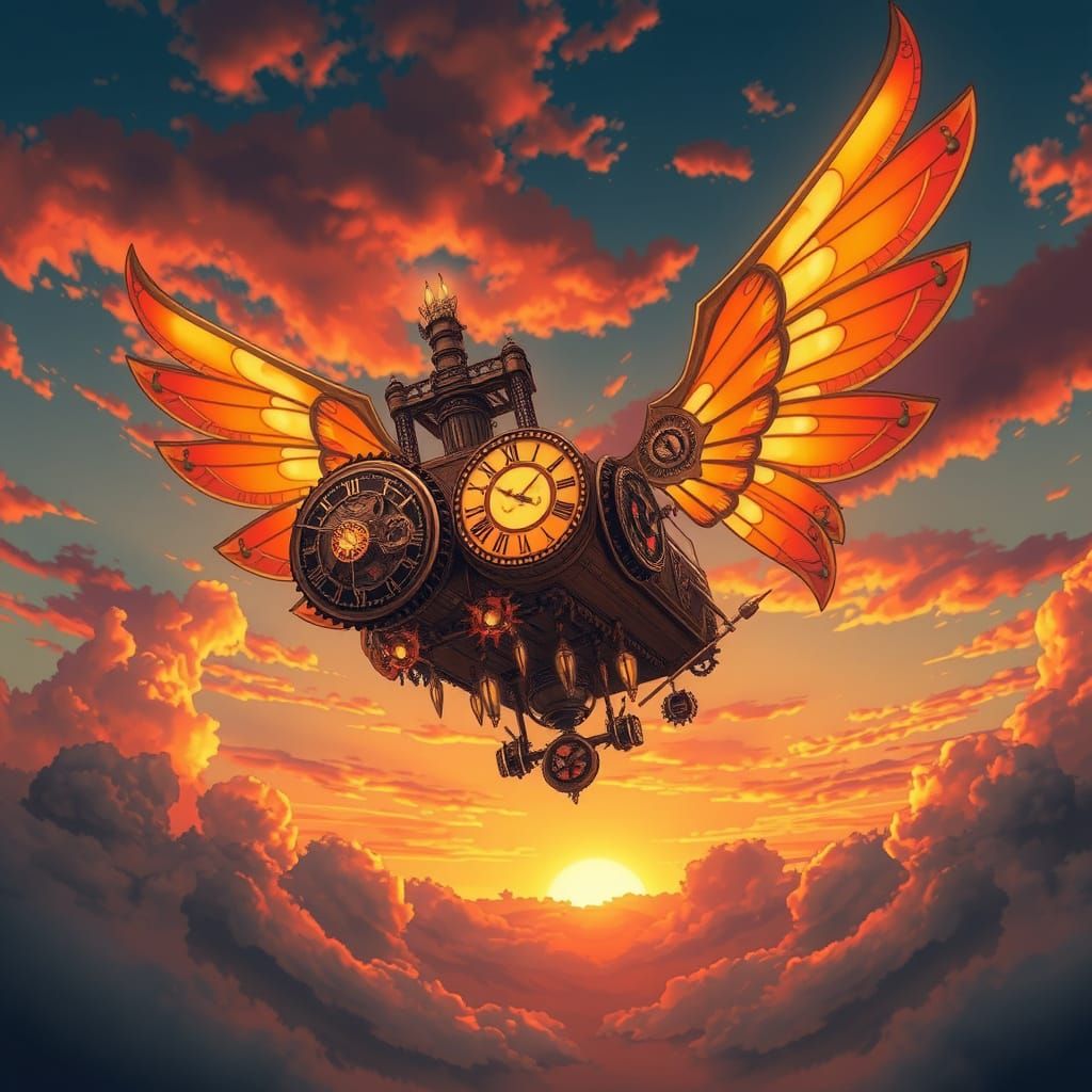 Steampunk Airship Soaring Through Sunset Sky